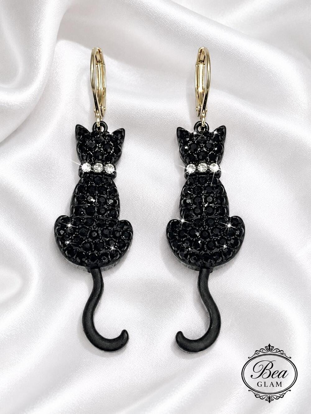 Black Crystal Caviar Cat Drop Earrings, Movable Tail, Halloween Jewelry